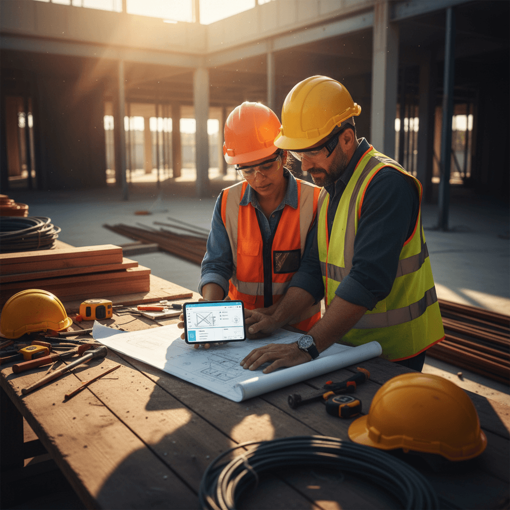 Construction team coordinating on mobile platform at job site