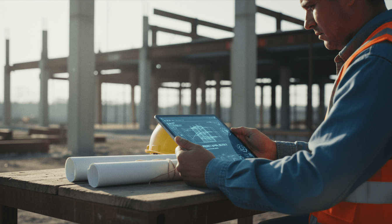 Construction professional reviewing digital blueprints on tablet at job site