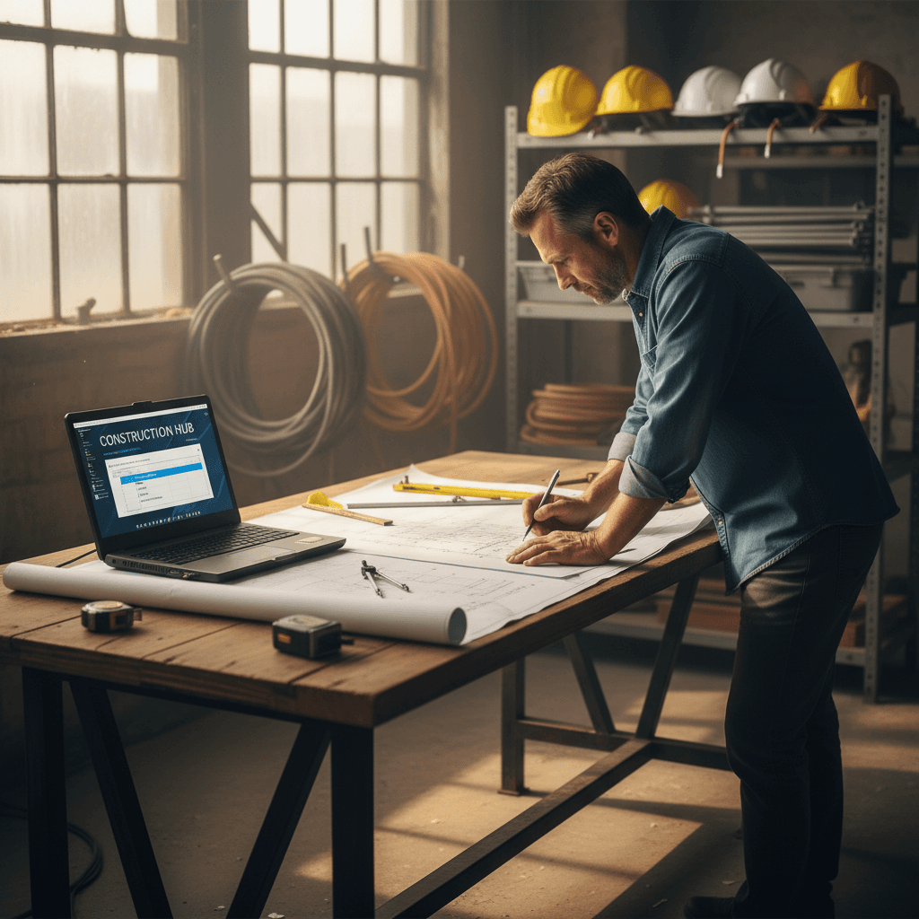 Construction project management workspace with blueprints and planning tools