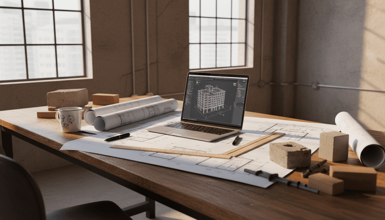 Construction office workspace with blueprints and software