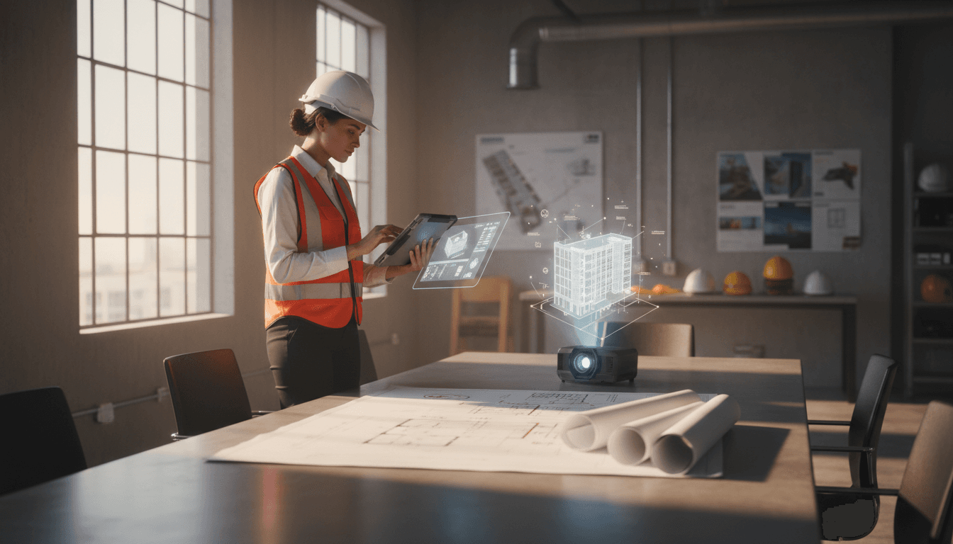 Professional reviewing construction plans and software solutions